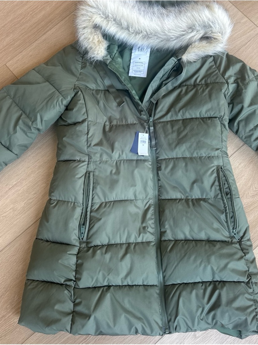 GAP Olive Green Quilted Puffer Coat with Faux Fur Hood- NWT